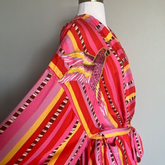 Farm Rio Lucy Parrot Stripe Tie Waist Embroidered Birds Cover Up Kimono Jacket - Picture 10 of 16